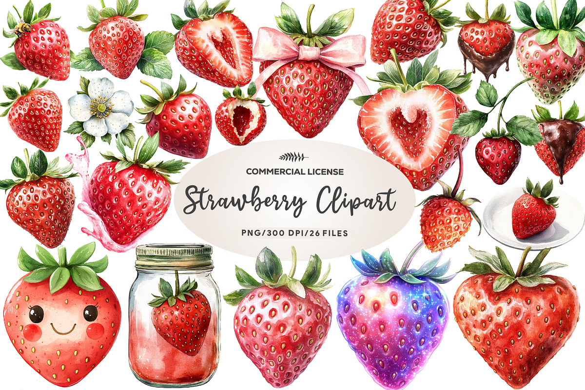 Watercolor Strawberry Clipart PNG, an Illustration by CreationArt (Photo 1 of 5)