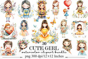 Watercolor Cute Girl Clipart, an Illustration by Designking