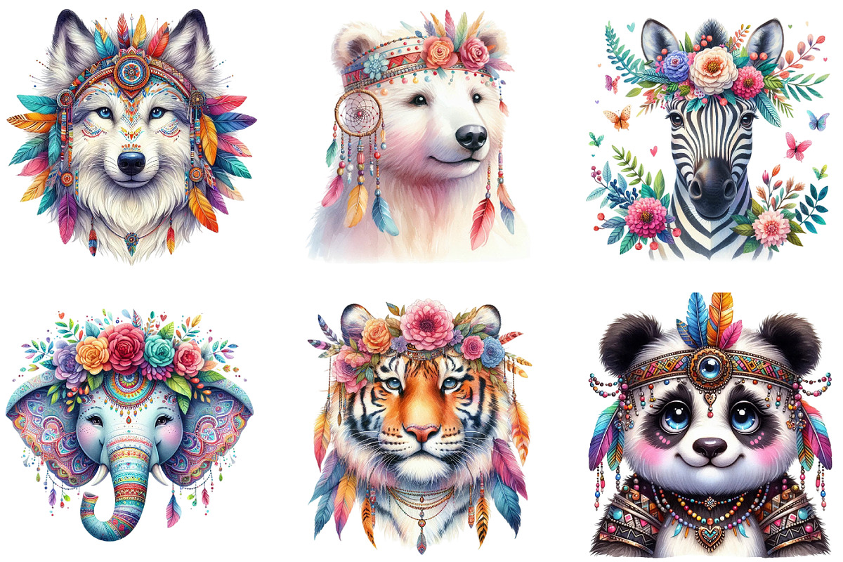 Boho Animal Portraits Watercolor, an Illustration by DreamArtGraphic (Photo 5 of 5)