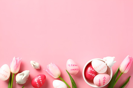 Happy Easter greeting card design. Easter eggs and tulips on pastel pink backgr, a Holiday Photo by photoguns