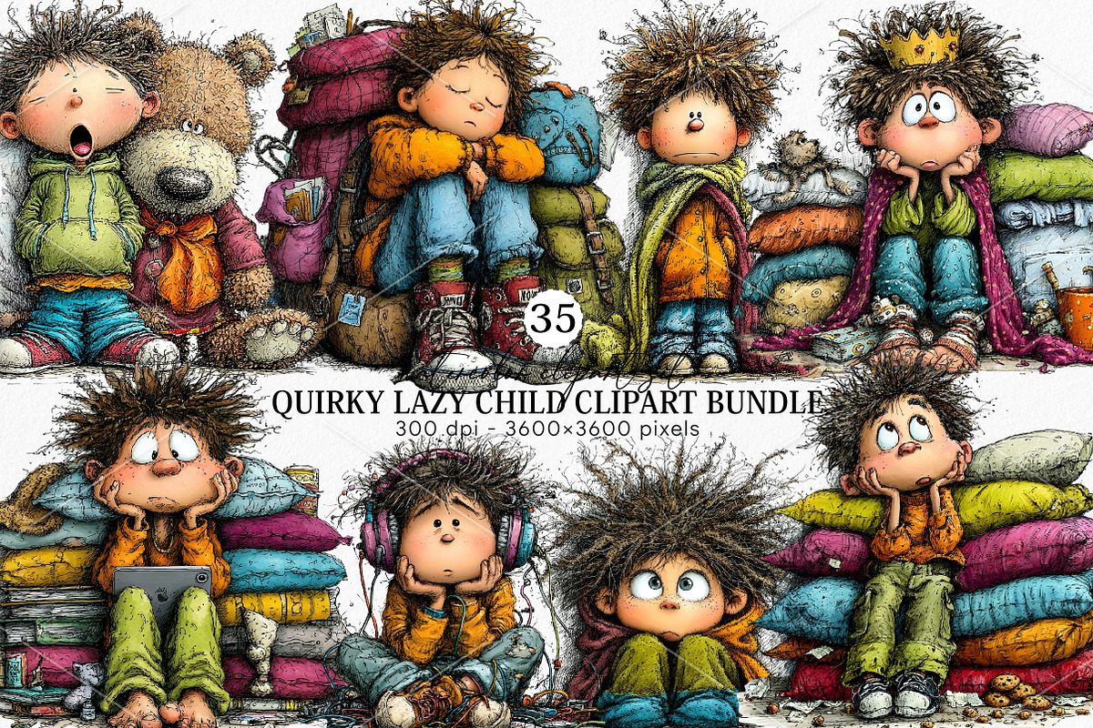 Quirky Lazy Child Clipart Bundle, an Illustration by Canvas Craft (Photo 1 of 7)