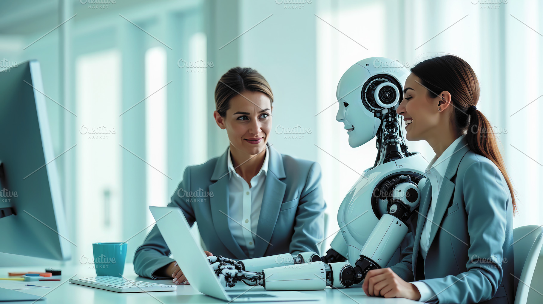 Female executives and a robot collab, a Technology Photo by Perpis