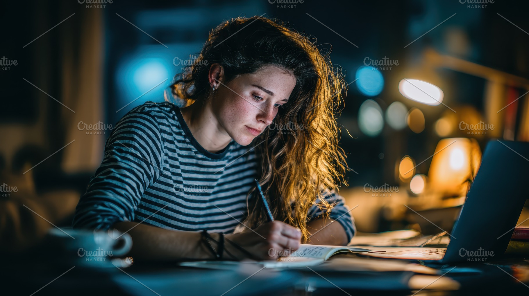 Woman writing in notebook late night, a Photo by Pixeness Studio
