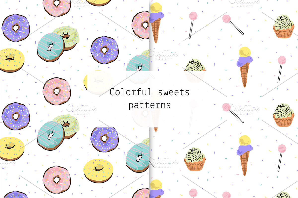 Colorful sweets patterns, a Pattern Graphic by Lyolya Profitrolya (Photo 1 of 3)
