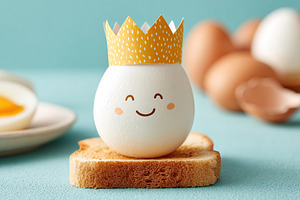 Tiny egg with a paper crown sitting on toast next to other eggs in a bright kit, a Photo by AlyaAnd