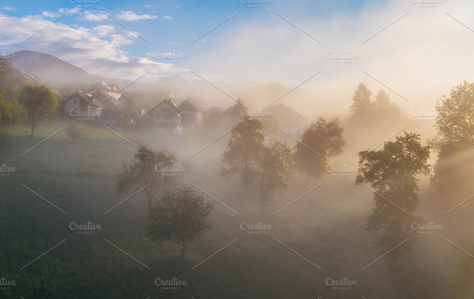 Farmland and countryside in the morning fog, a Nature Photo by Dreamy Pixel