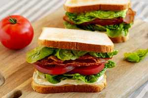 Homemade BLT (Bacon Lettuce Tomato)  Sandwich with Mayo, side vi, a Food & Drink Photo by LiudmylaChuhunova