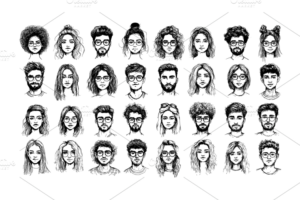 Human faces portraits black Ink, a Person Illustration by Valerie Bodnar