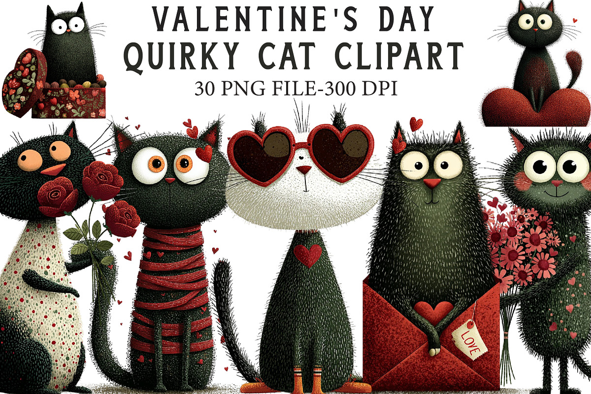 Quirky Valentine's Day Cat Clipart, an Illustration by Libby Wishes (Photo 1 of 7)