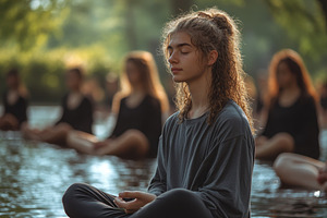 Group meditation in tranquil water u, a Photo by Tanuart