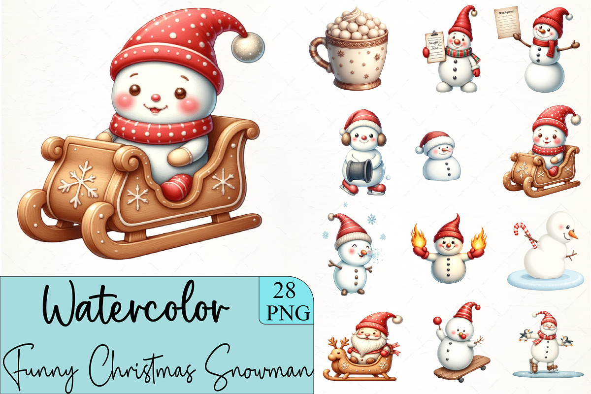 Funny Christmas Snowman Clipart, an Illustration by CrexoraLab (Photo 1 of 5)