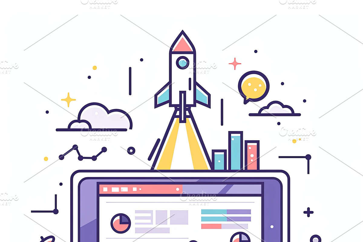 Digital illustration of analytics with rocket launch representing innovation an, an Illustration by AS photostudio