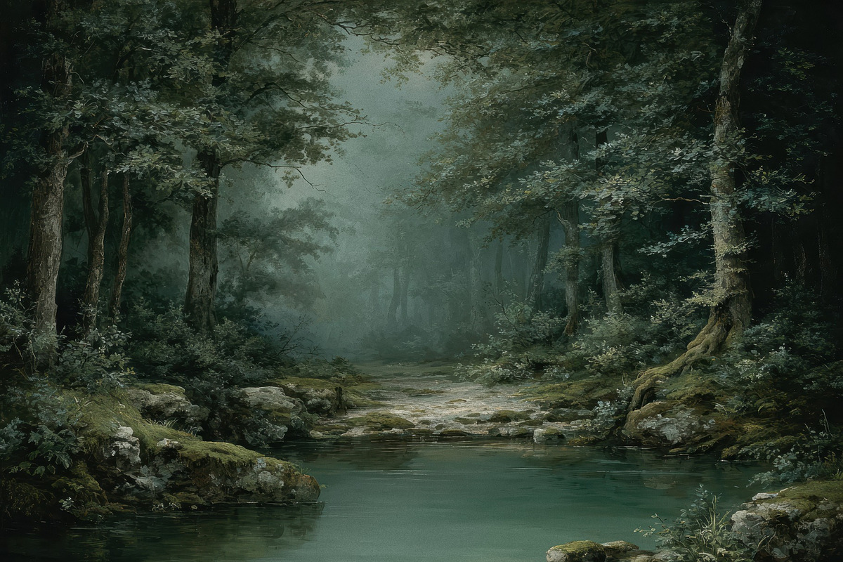 Atmospheric Forest Lake Wallpaper, a Decorative Illustration by Virgo Studio