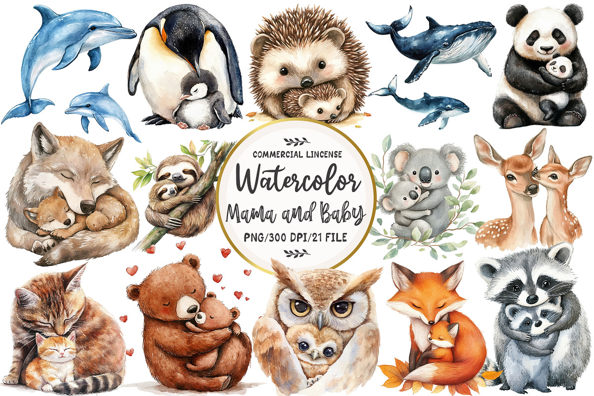 Cute Mama and Baby Animals Clipart, an Illustration by OK Design (Photo 1 of 5)