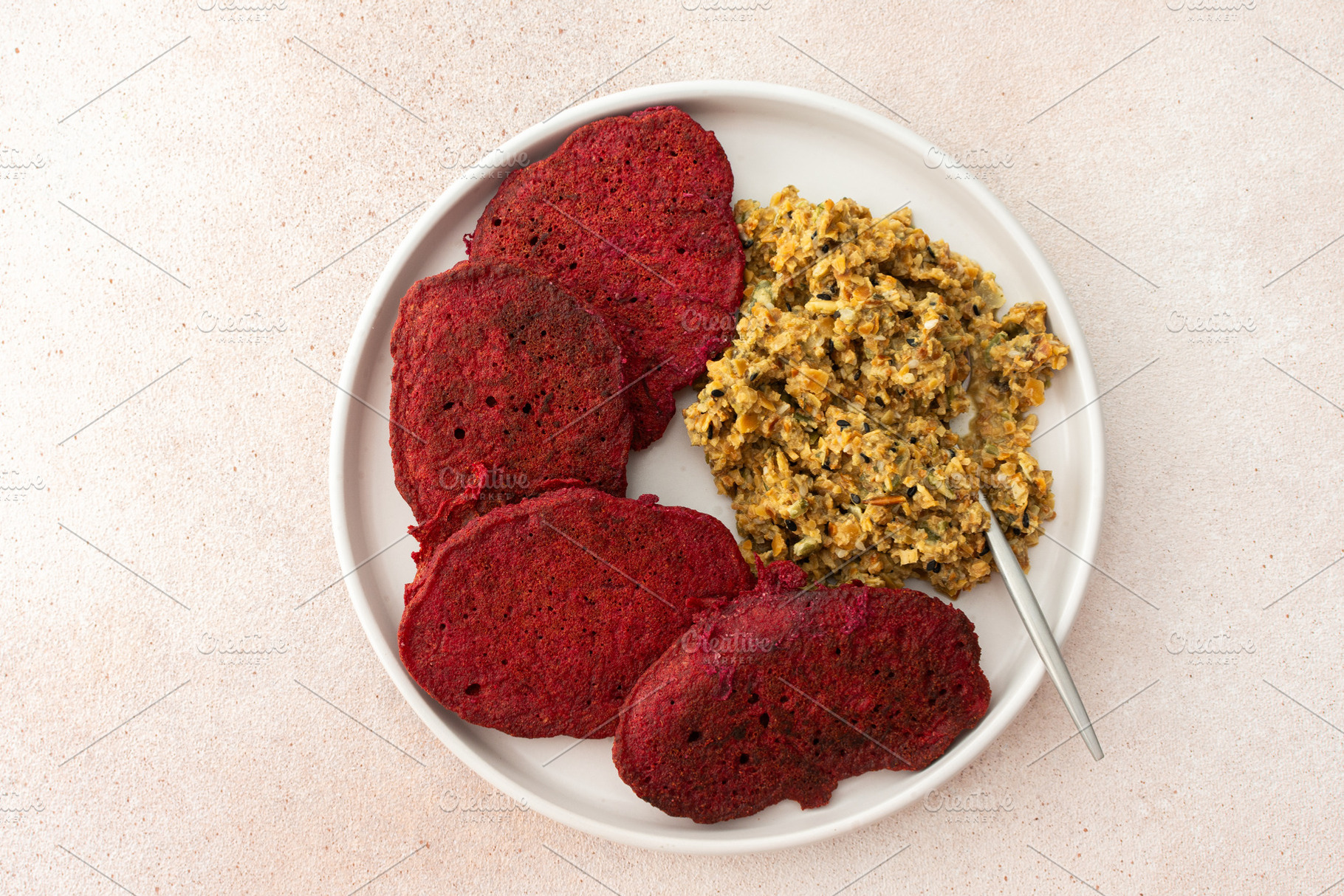 Enjoy beet pancakes with sunflower, a Food & Drink Photo by Pundateam