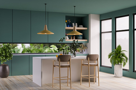 Modern style kitchen interior design with dark green wall.