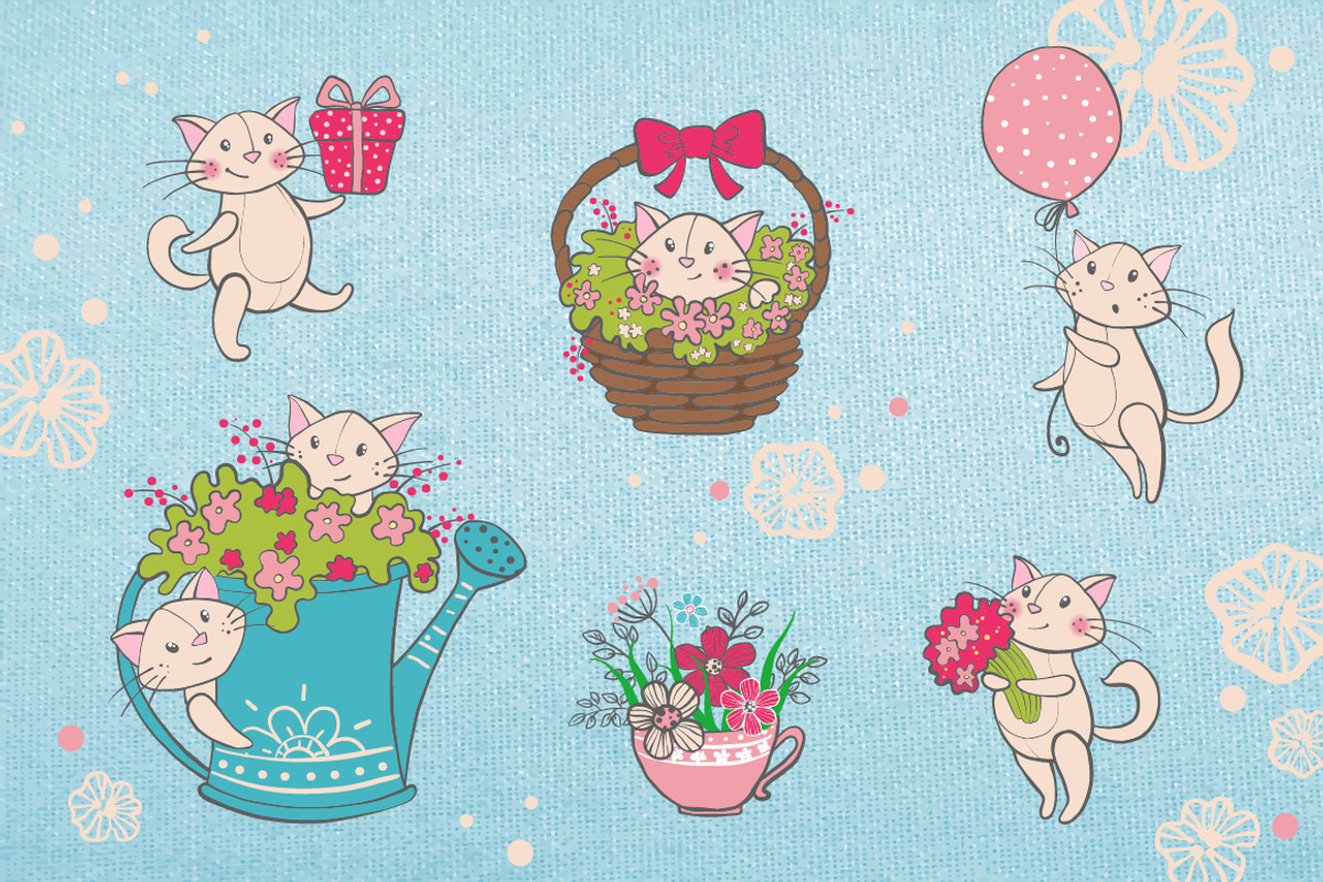 Romantic set with cats and flowers, a Texture Illustration by MalniArt (Photo 2 of 9)