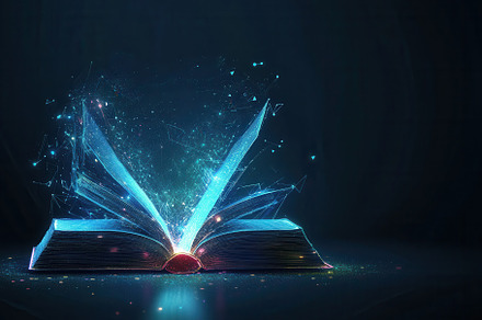 Futuristic glowing open book, a Photo by Pavel_design