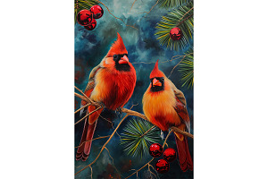 Festive Cardinals in Pine Scene Art, an Animal Illustration by Art Paradise Studios