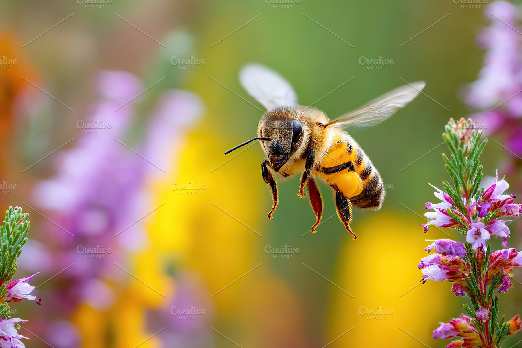 Honeybee in flight approaching vibrant wildflowers in a sunny garden setting, a Photo by AlyaAnd
