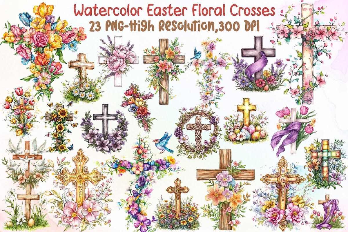 Watercolor Easter Floral Crosses, an Illustration by Sublimation Artist (Photo 1 of 6)