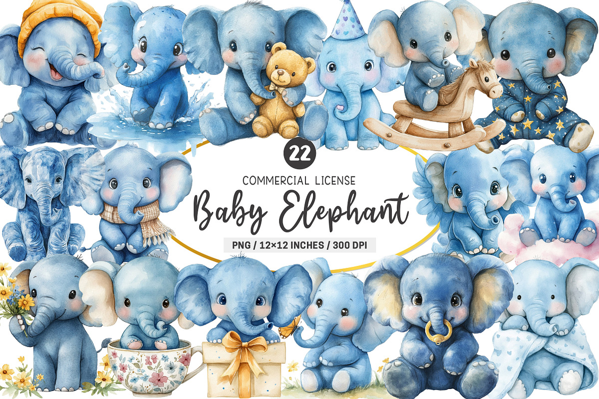 Blue Baby Elephant PNG, an Illustration by SinaCreation (Photo 1 of 5)