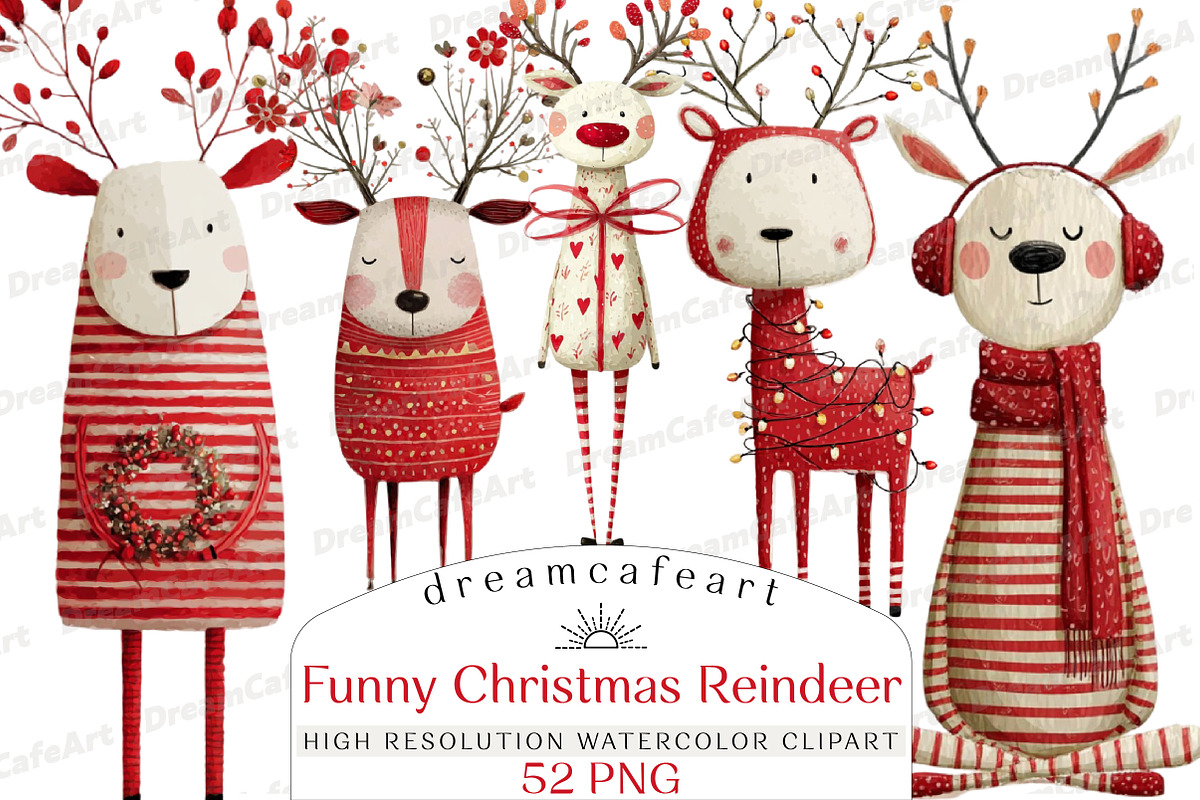 Reindeer Funny Christmas Clipart, an Illustration by DreamCafeArt (Photo 1 of 8)