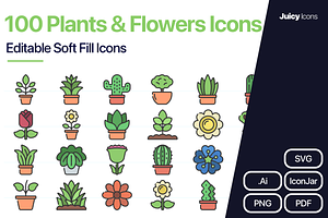 100 Plants & Flowers Soft Fill Icons