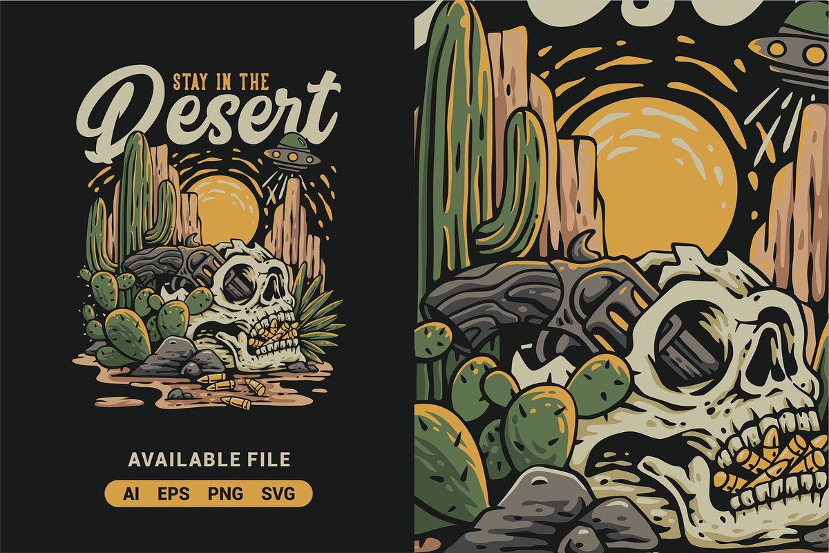 Skull in Desert Vector Illustration, an Illustration by ImoogiStudio
