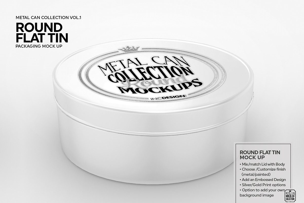 Round Flat Tin Packaging Mockup, a Cups & Container Mockup by INCDesign (Photo 2 of 6)