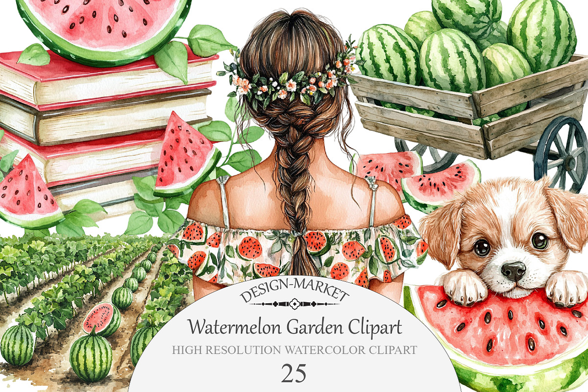 Watercolor Watermelon Garden Clipart, an Illustration by Design Market (Photo 1 of 3)