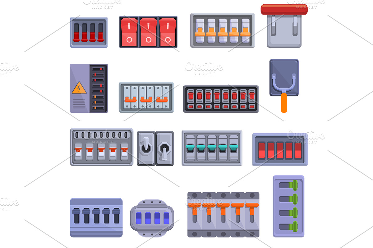 Breaker switch icons set, cartoon, an Illustration by Ylivdesign