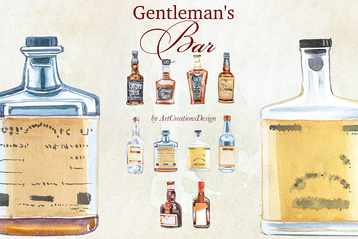 Gentleman's Bar Watercolor Clipart, a Food Illustration by ArtCreationsDesign (Photo 6 of 12)