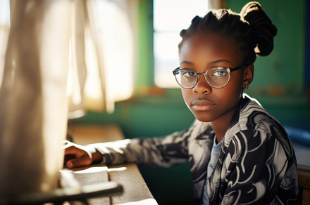 Serious african girl looks at the camera thoughtfully, taking a break for rest, a Photo by zakiroff
