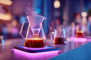 Neon-lit bar counter showcasing pour-over coffee brewing in a vibrant atmospher, a Food & Drink Photo by AlyaAnd