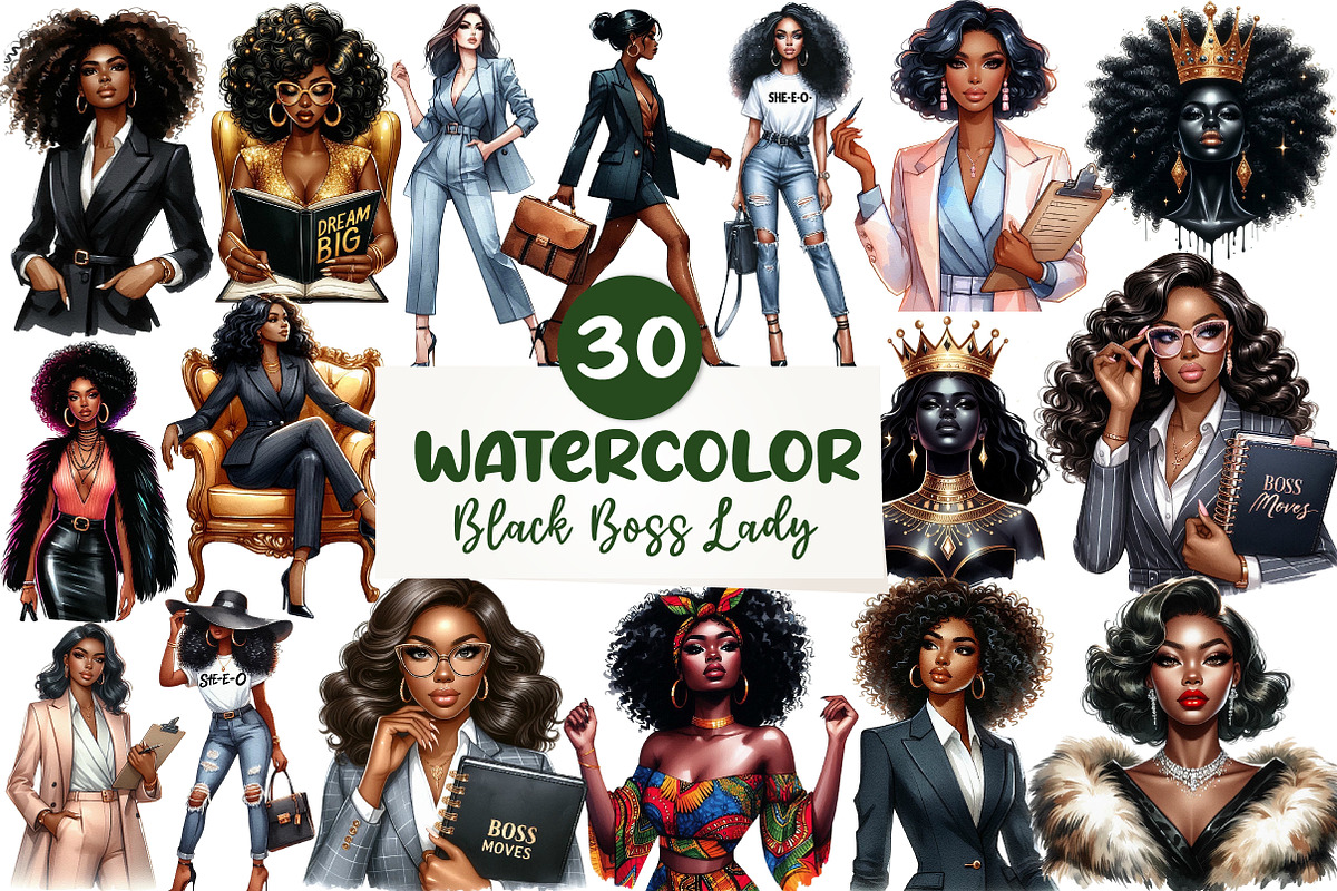 Watercolor Black Boss Lady Clipart, an Illustration by CreationArt (Photo 1 of 5)