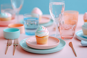 Cupcake centerpiece with colorful tableware and drinks at a festive gathering, a Photo by AlyaAnd