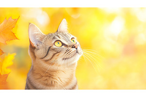 Tabby cat with autumn leaves against, an Animal Photo by Lermont51