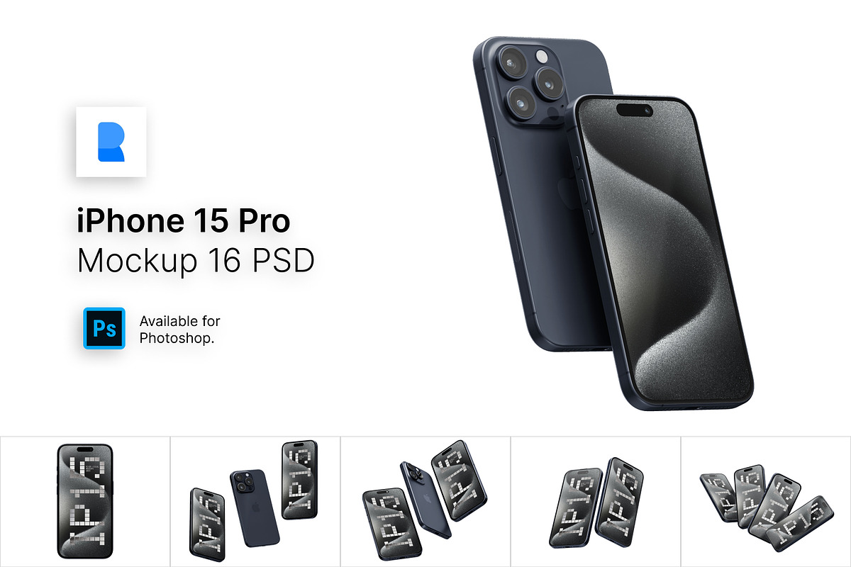 iPhone 15 Pro Mockups 16 PSD, an iPhone Mockup by River Visual (Photo 1 of 8)