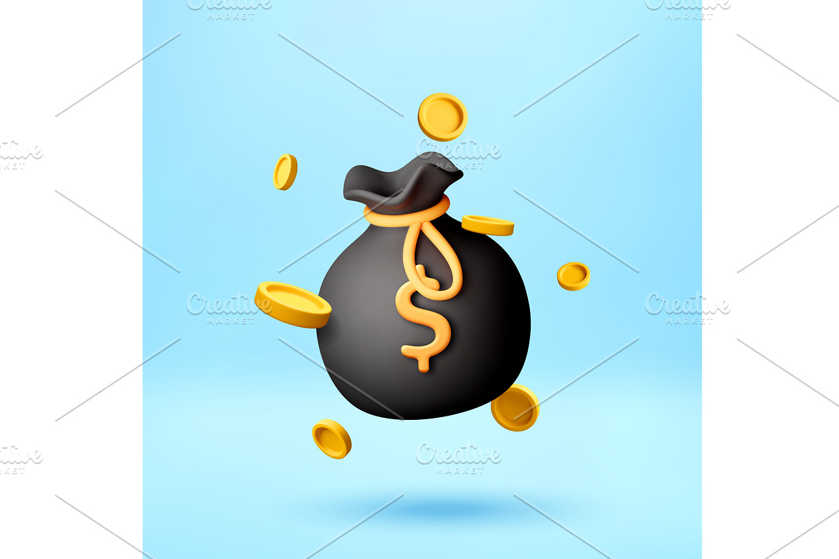 3D Money bag with floating gold, a Finance Illustration by Abscent