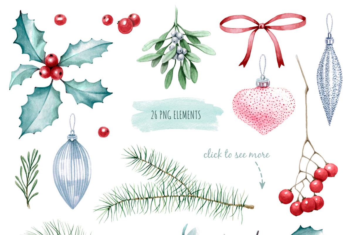 Holly Jolly Christmas watercolor set, a Decorative Illustration by MariArtySpace (Photo 2 of 7)