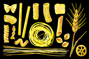 Different pasta shapes set