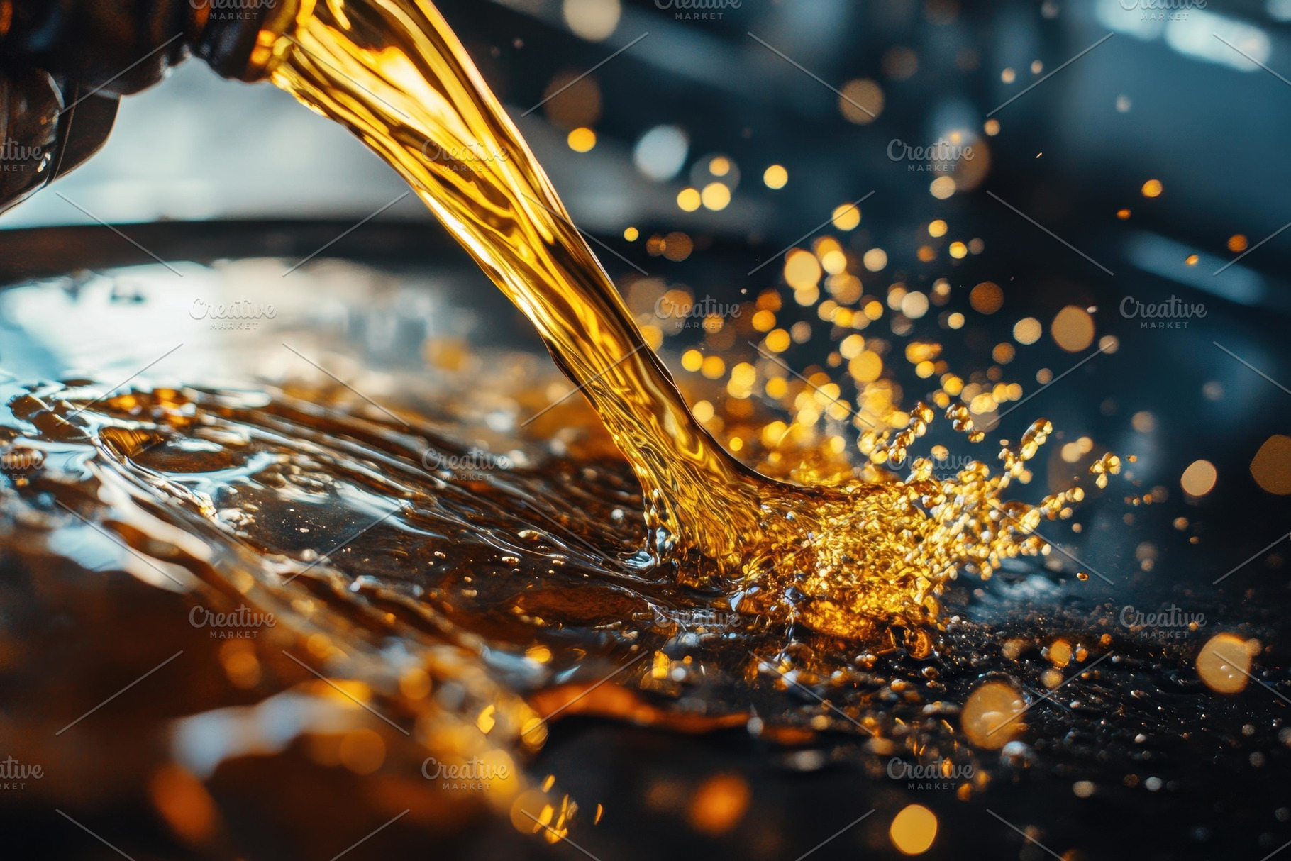 Golden liquid pours into a dark surf, a Photo by Tanuart