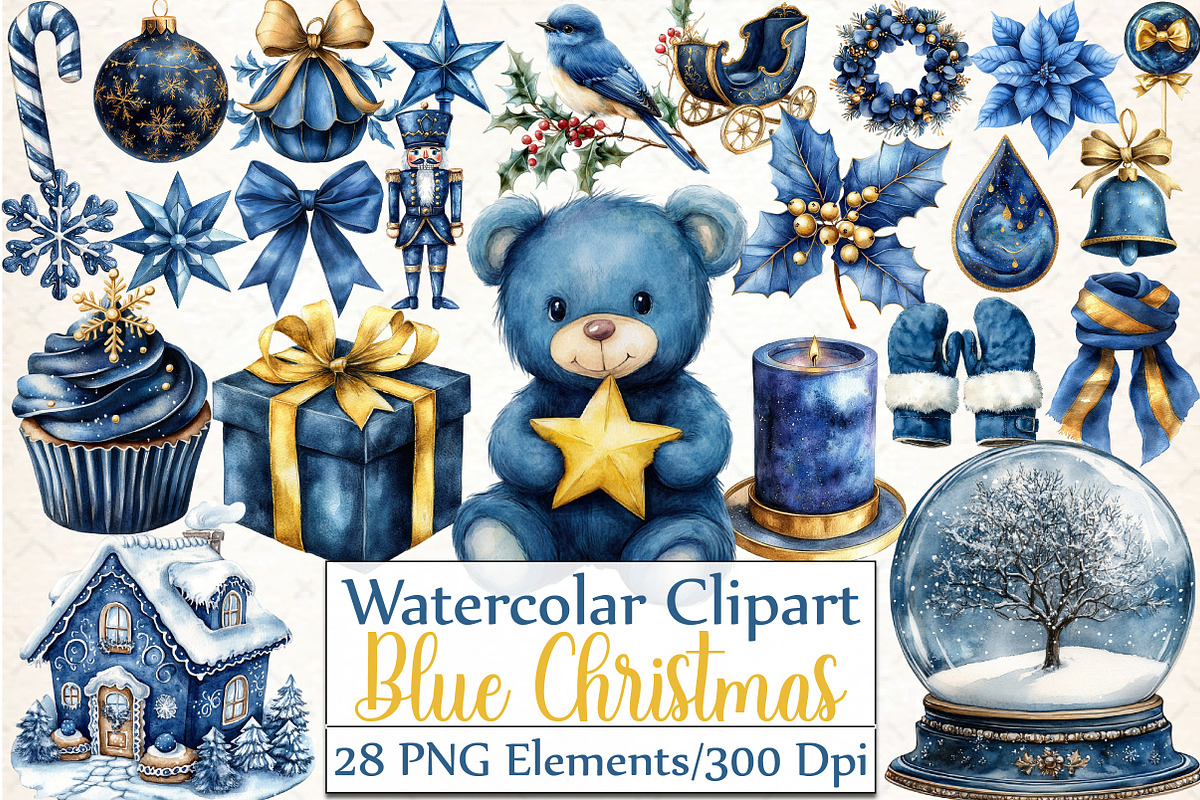 Watercolor Blue Christmas Clipart, an Illustration by DreamCafeArt (Photo 1 of 4)