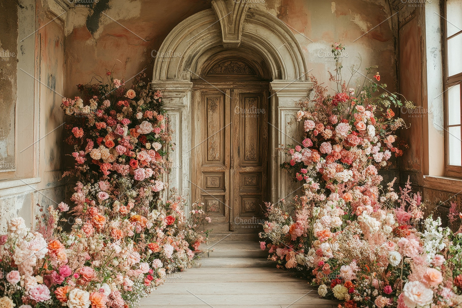 Flower arrangement enhances old room, a Photo by Tanuart