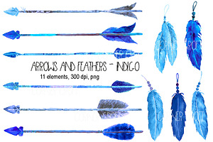 Watercolor Indigo Arrows & Feathers