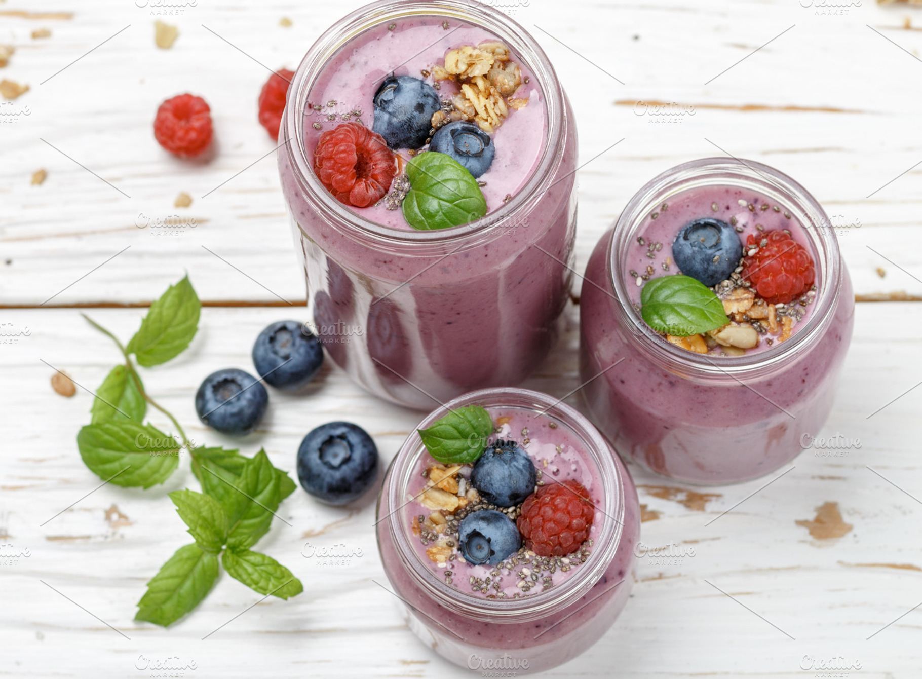 Healthy delicious smoothie containing breakfast, chia, and background, a Food & Drink Photo by La_Vanda