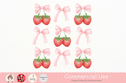 Coquette Strawberry with Pink Bow, a Food Illustration by Chonnieartwork