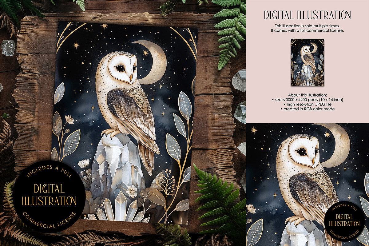 Barn Owl & Rock Crystal Illustration, an Animal Illustration by The Dutch Lady Designs (Photo 1 of 4)