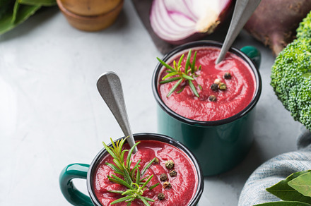 Seasonal fall autumn creamy beetroot soup on a table, a Food & Drink Photo by Antonina Vlasova